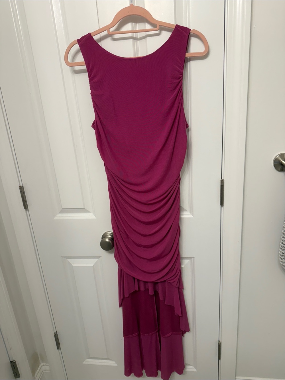 Sleeveless Magenta Ruched High-Low Maxi Dress
